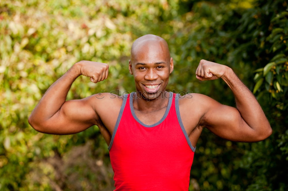 Similar – Fit shirtless young black man doing stretching