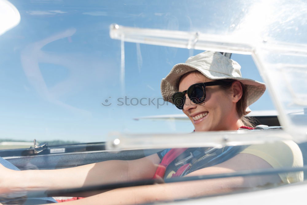 Similar – Image, Stock Photo Woman with blue dress and hat in classic car