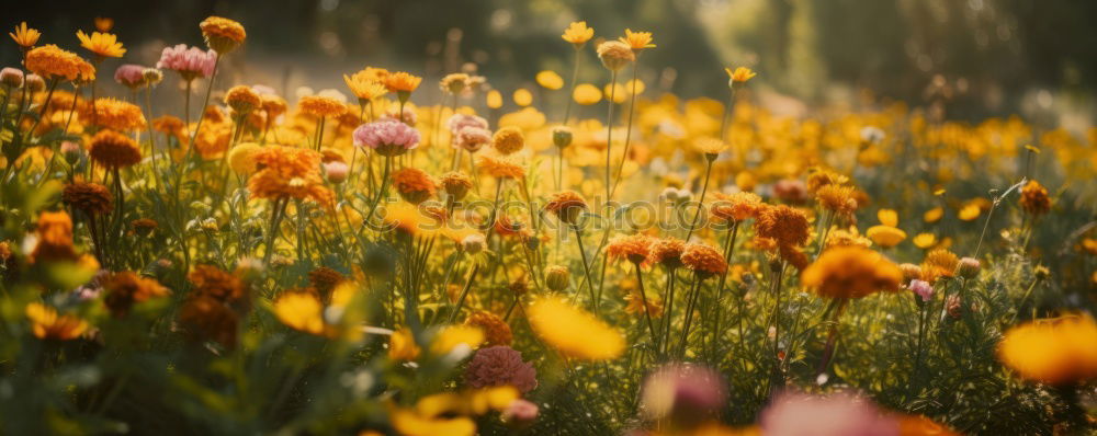 Similar – Image, Stock Photo Beautiful, gaudy meadow full of orange ball amaranth, in shallow depth of field. Romantic fuzzy flower meadow, with many round, poppy, spherical flowers. Flowering, summery, idyllic meadow flowers with green leaves, stems and bokeh.