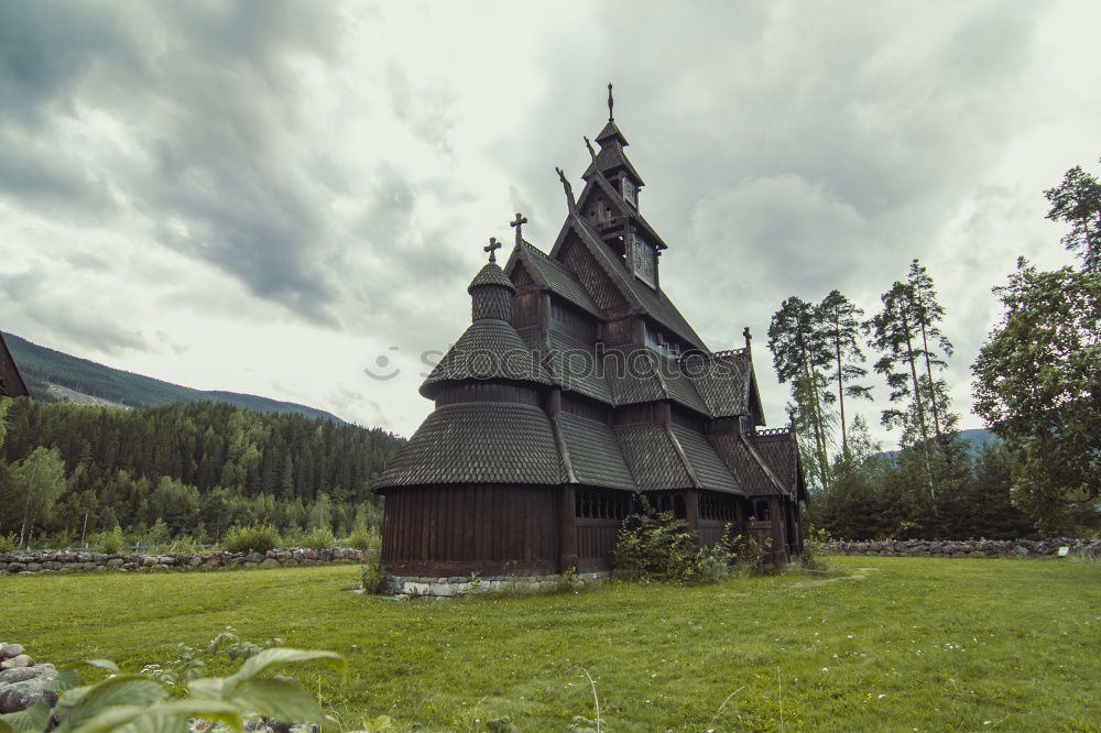 Similar – Image, Stock Photo Target reached. The small church looks out from behind a wall. Hike to the Lauberberg country inn with church. Franconia.