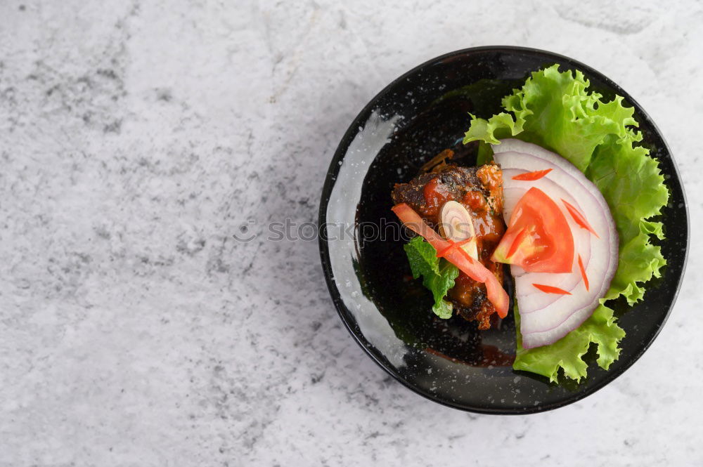 Similar – Image, Stock Photo Modern sustainable food delivery with eco friendly packaging and cutlery. Healthy Asian take away food : salad bowl with salmon on grey concrete kitchen table. Top view.