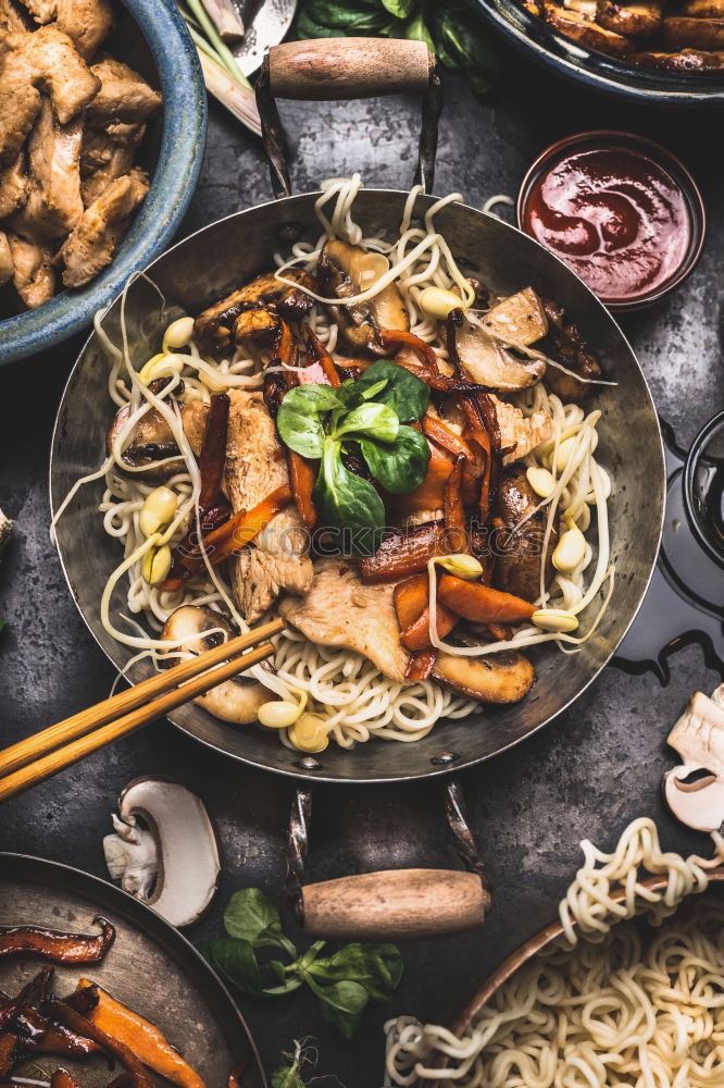 Image, Stock Photo Asian noodle pan with chicken and vegetables