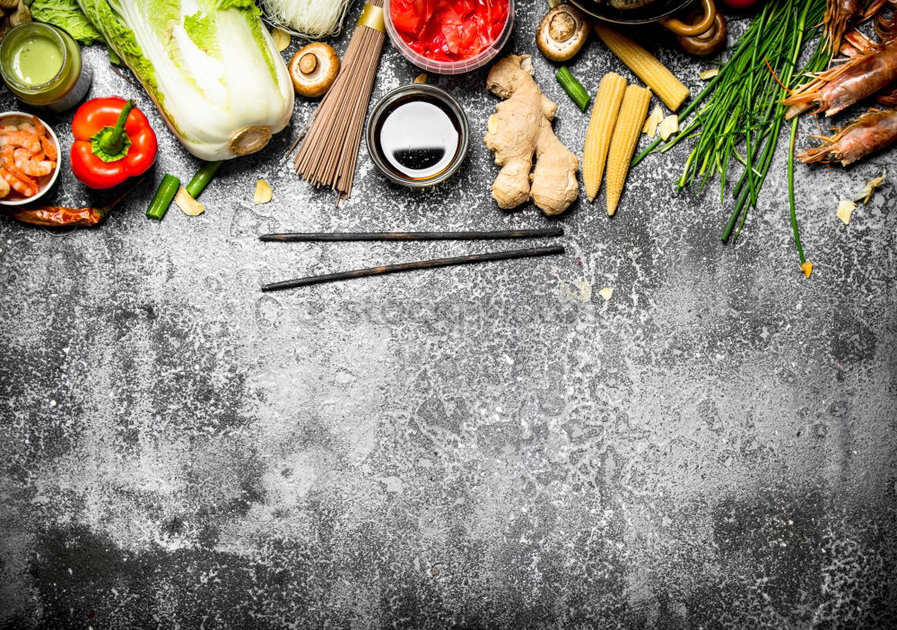 Similar – Image, Stock Photo Asian food background. Various traditional ingredients for vegetarian cooking: noodles, vegetables and spices, top view, flat lay. Chinese or Thai cuisine. Vegan food. Healthy nutrition concept.