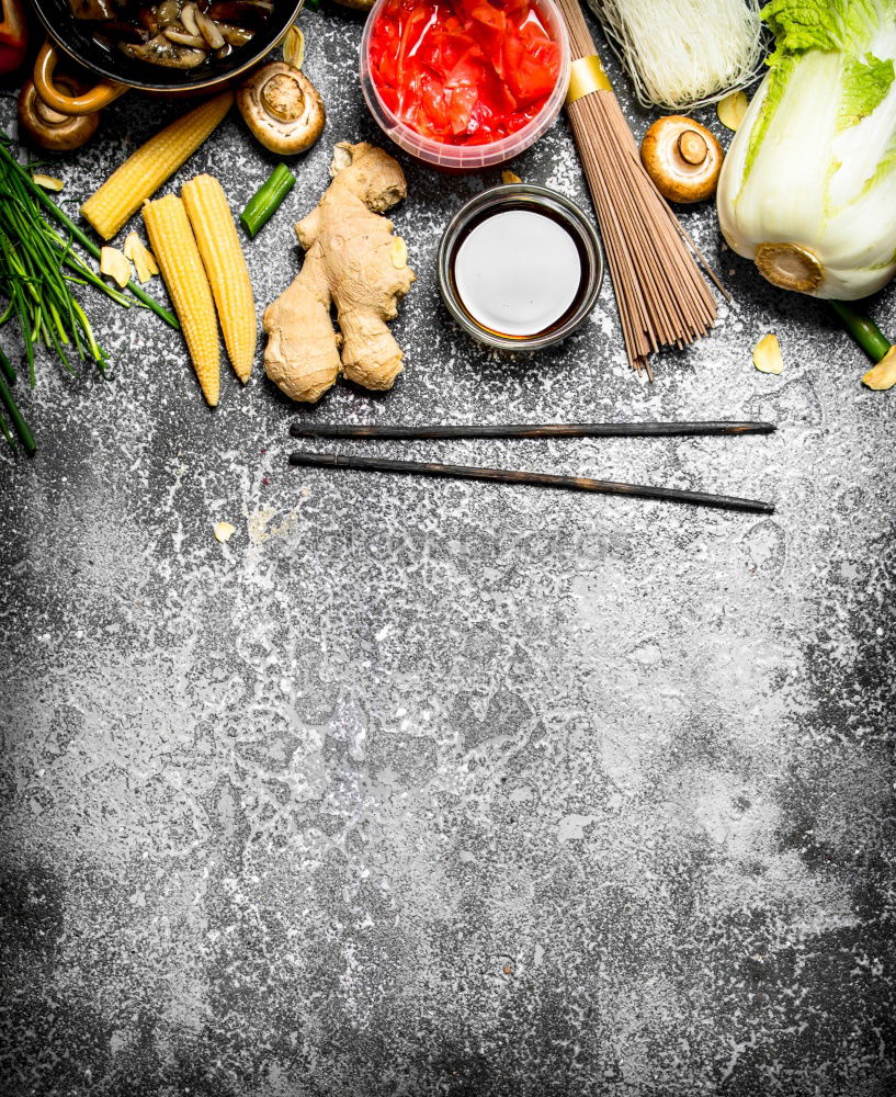 Similar – Asian cooking ingredients and sauces with chopsticks