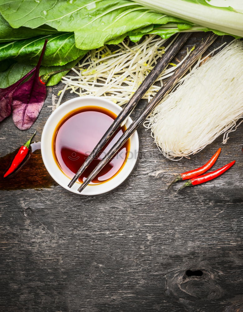 Image, Stock Photo Soy sauce with chopsticks, rice noodles and vegetables