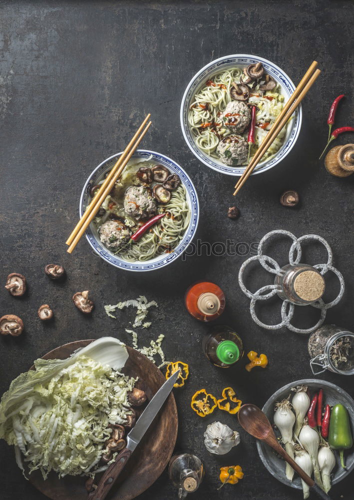 Similar – Image, Stock Photo Asian noodle pan with chicken and vegetables