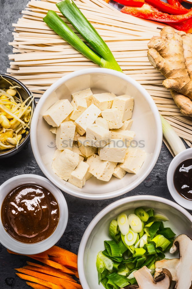 Asian cooking ingredients with tofu and noodles