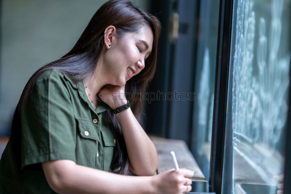 Image, Stock Photo Young pensive model on terrace