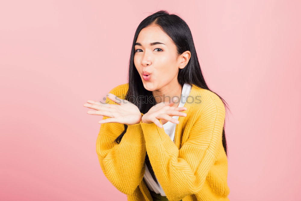 Similar – Image, Stock Photo Asian woman blowing gum bubble