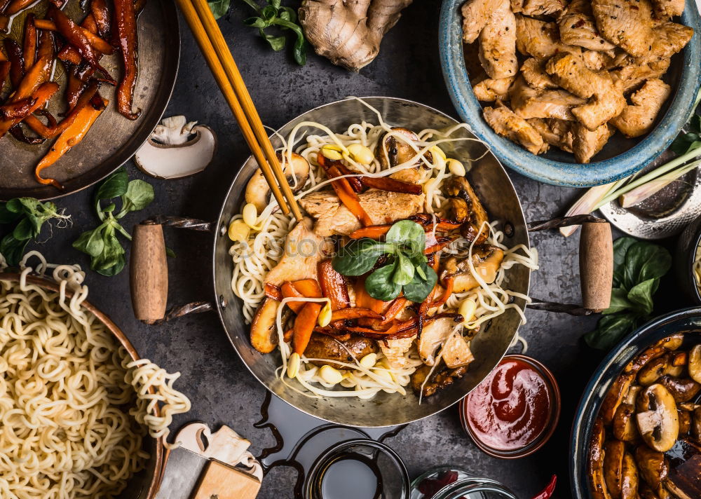 Similar – Image, Stock Photo Asian noodle pan with chicken and vegetables