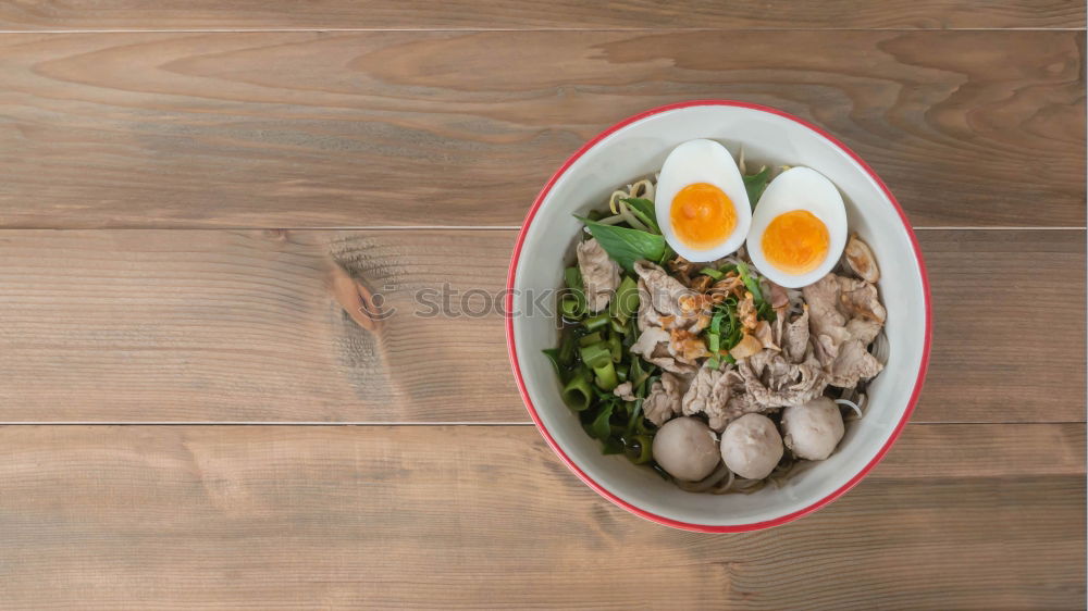 Similar – Image, Stock Photo Modern sustainable food delivery with eco friendly packaging and cutlery. Healthy Asian take away food : salad bowl with salmon on grey concrete kitchen table. Top view.