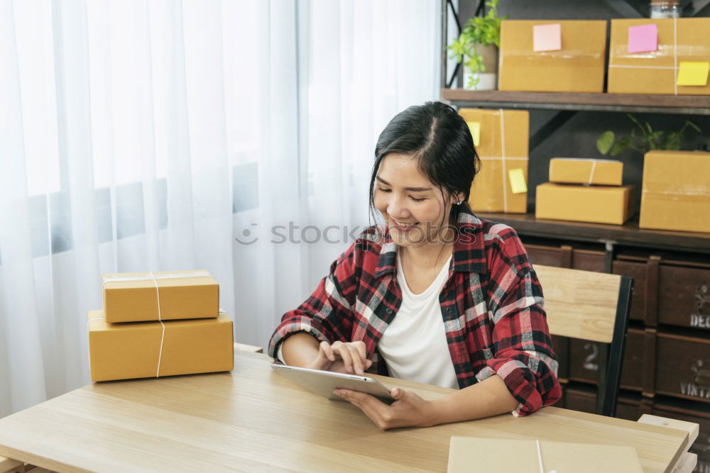 Similar – Image, Stock Photo Young woman with very short haircut with smart phone