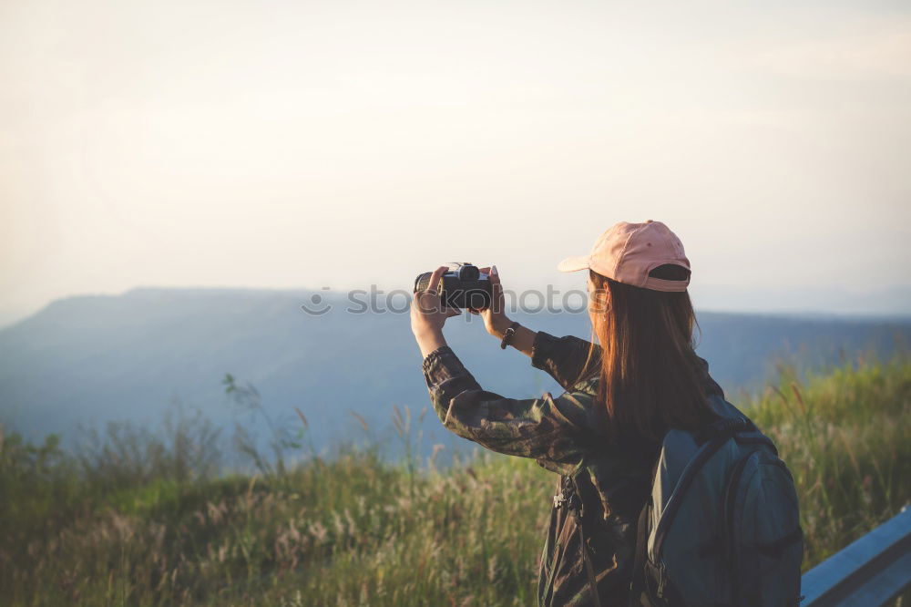 Similar – Image, Stock Photo Smiling girl with camera in the field