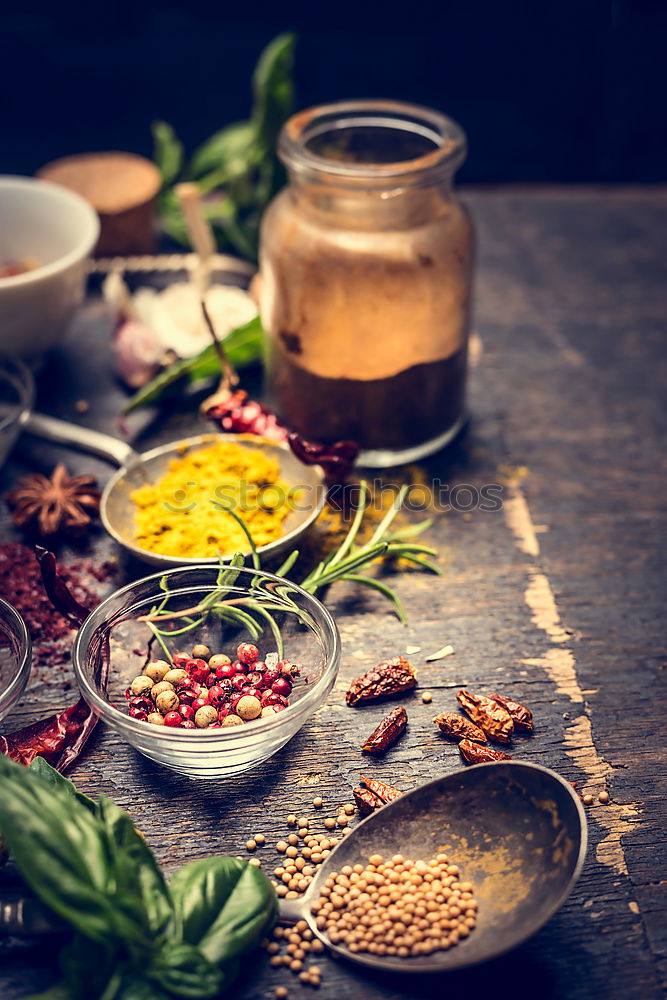 Image, Stock Photo Spices and oil on table