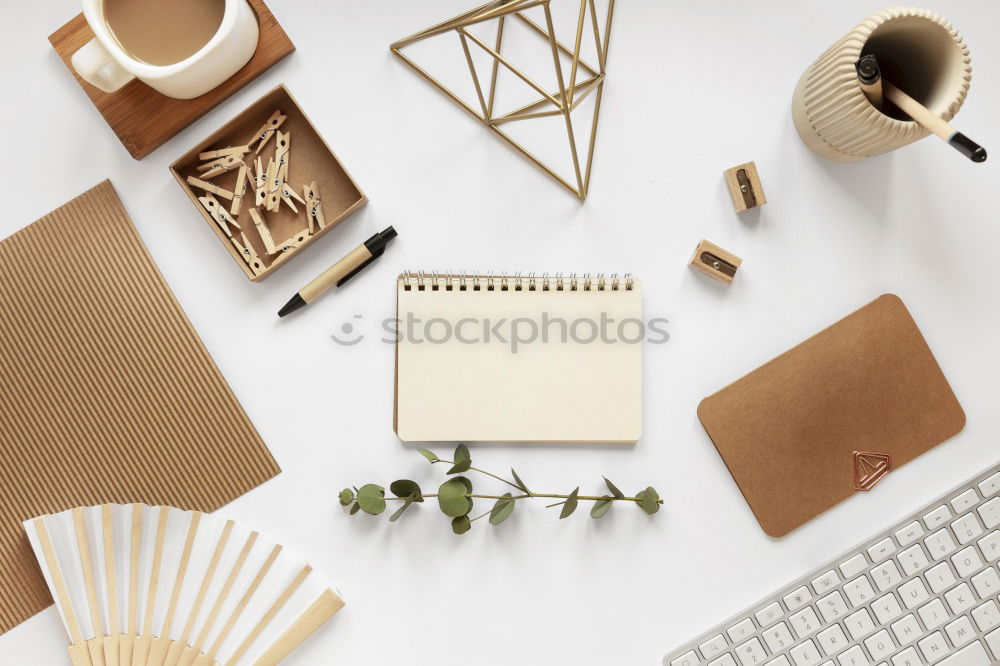 Image, Stock Photo vintage typewriter, notepads, present boxes and blackboard