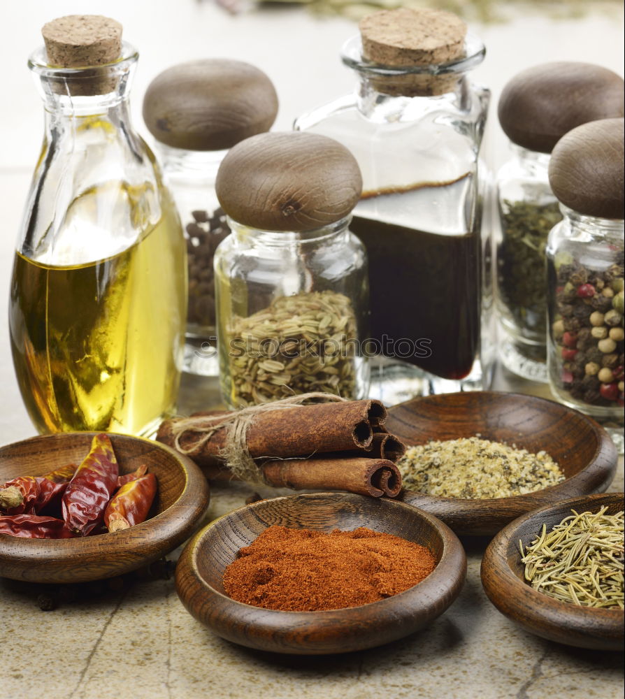 Image, Stock Photo Spices and oil on table