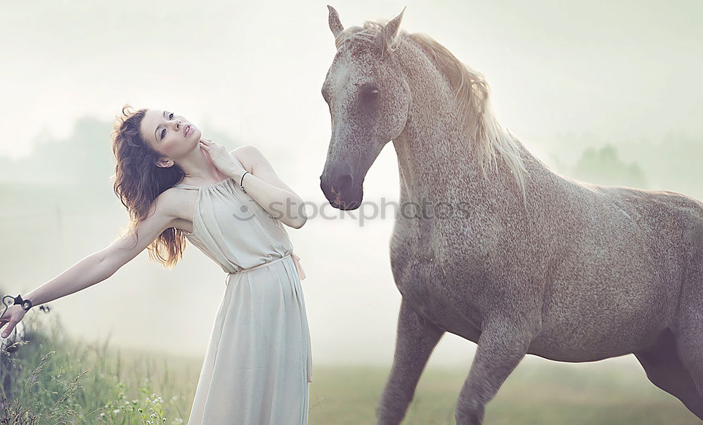 Image, Stock Photo Communication between young man and horse