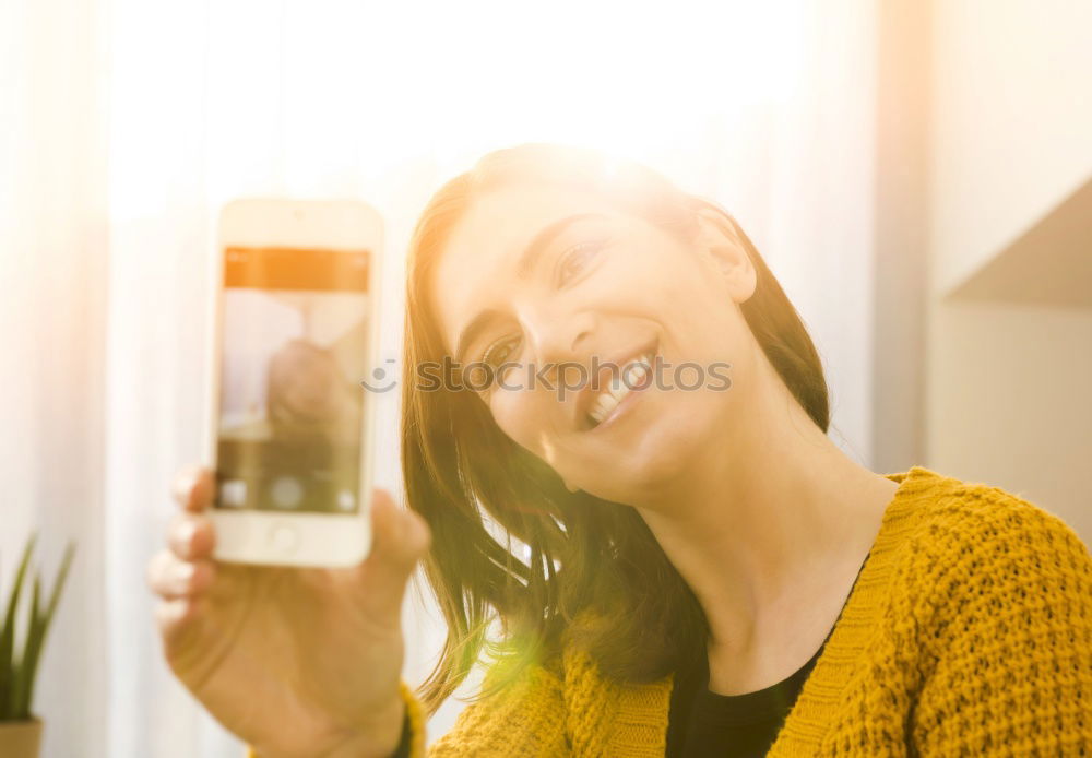 Similar – Image, Stock Photo Caucasian happy woman standing in living room using mobil phone