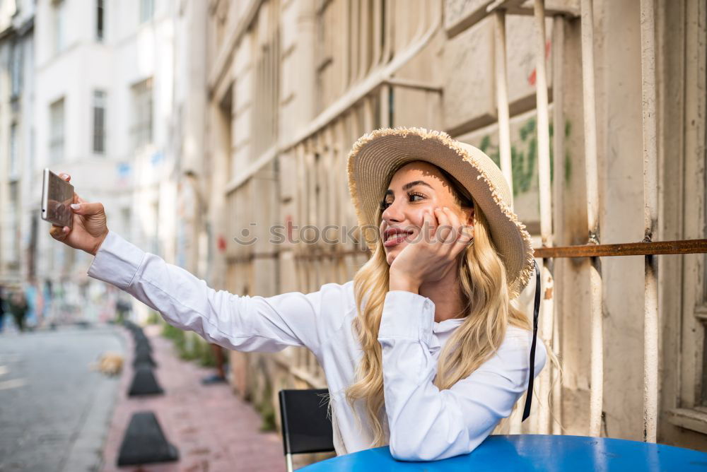 Similar – Image, Stock Photo Content model grimacing on balcony