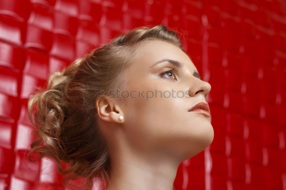 Similar – Image, Stock Photo Woman holds pennant in hand which has down arrow