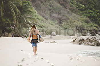 Similar – Image, Stock Photo Woman walking on sand shore near water