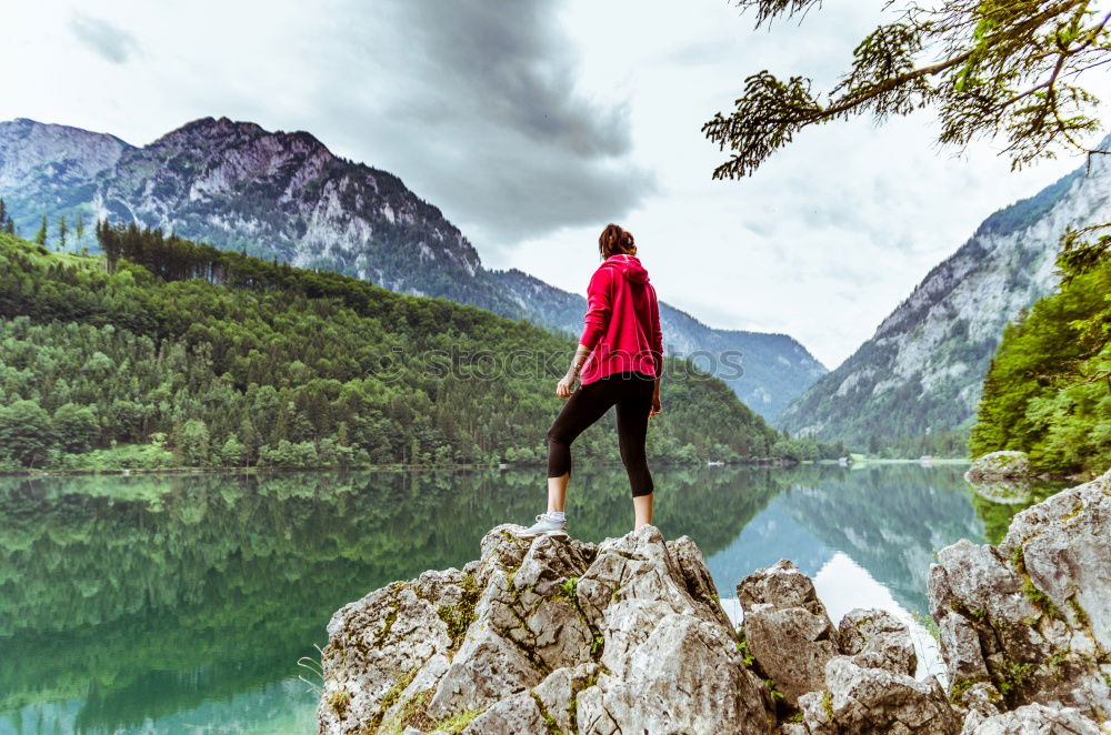 Image, Stock Photo Handsome tourist at mountain lake