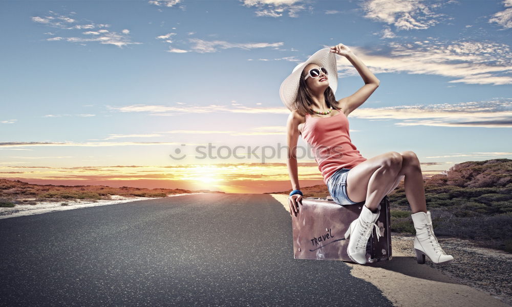 Father and son running on the road at the day time. Concept of tourism.