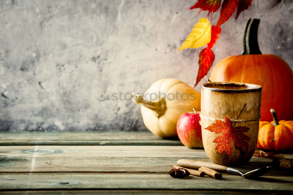 Similar – top view of cozy autumn breakfast on table