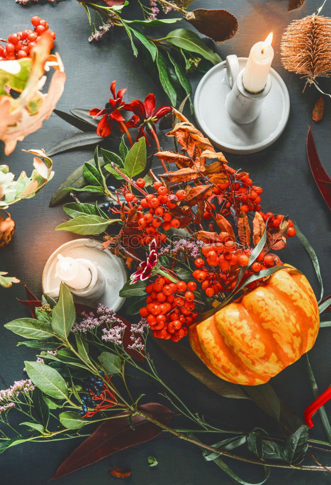 Similar – Image, Stock Photo Autumn table setting with blue plate, pumpkins and decoration at kitchen table
