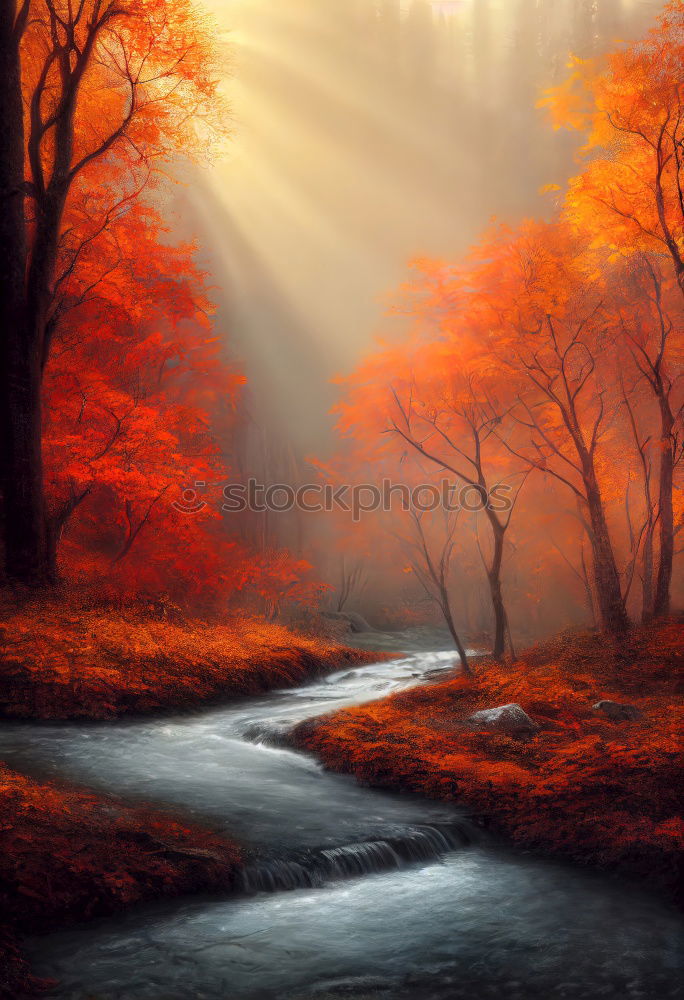 Similar – Image, Stock Photo Fall colors on autumn foggy river. Alden trees