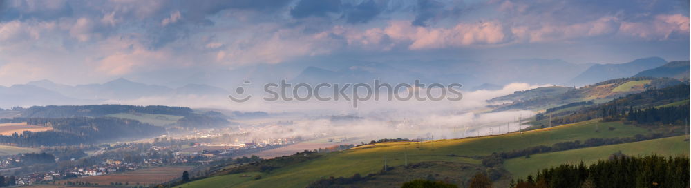 Similar – Image, Stock Photo autumn panorama in mountain hills. Village in October valley