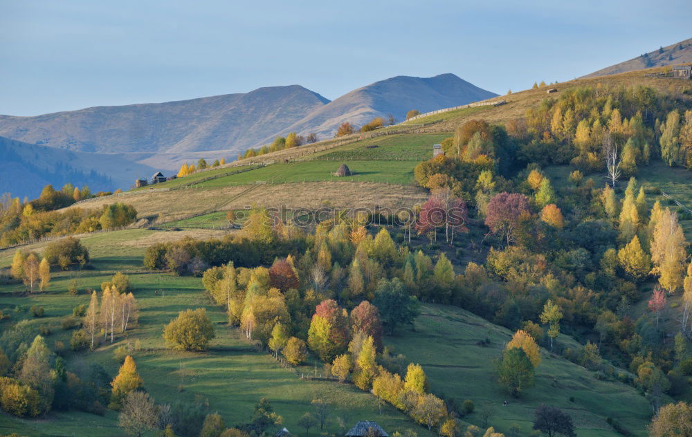 Similar – Autumn garden in Carpathian mountains. Orchard on the fall hills