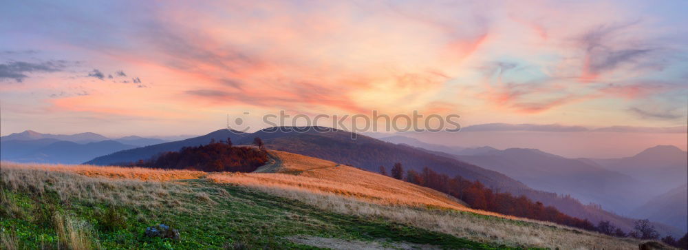 Similar – Panorama mountain landscape at sunset. Valley during sunrise.