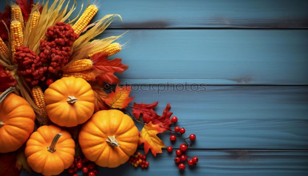 Similar – Autumn decoration with pumpkin, rose hip and coloured foliage