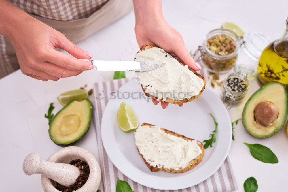 Similar – Image, Stock Photo Italian cheese burrata, olive oil and bread top view