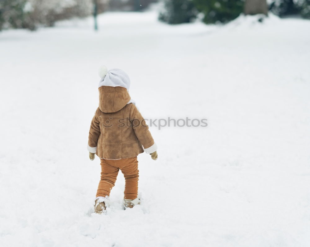 Similar – Image, Stock Photo Little girl enjoying winter walking through deep snow. Toddler is playing outdoors while snow falling. Child is wearing dark blue snowsuit and wool cap