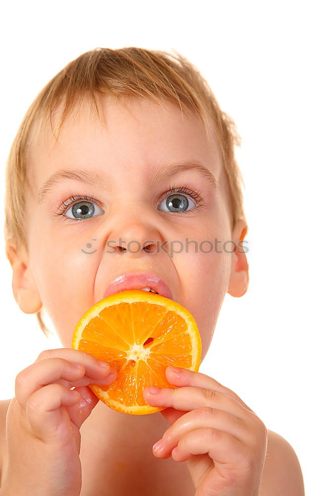 Similar – Image, Stock Photo baby eating an orange on blue background