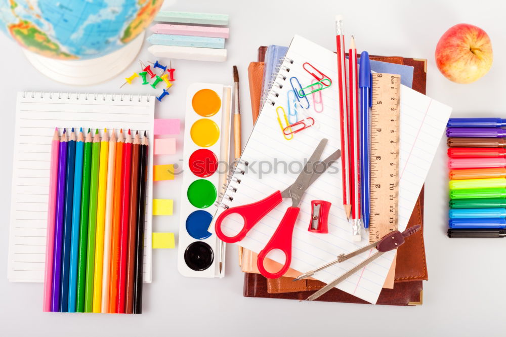 Similar – Image, Stock Photo Backpack, notepad, scissors, calculator, book, watch