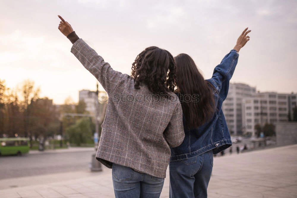 Similar – Image, Stock Photo Group of young adult hipster friends dancing in sunset
