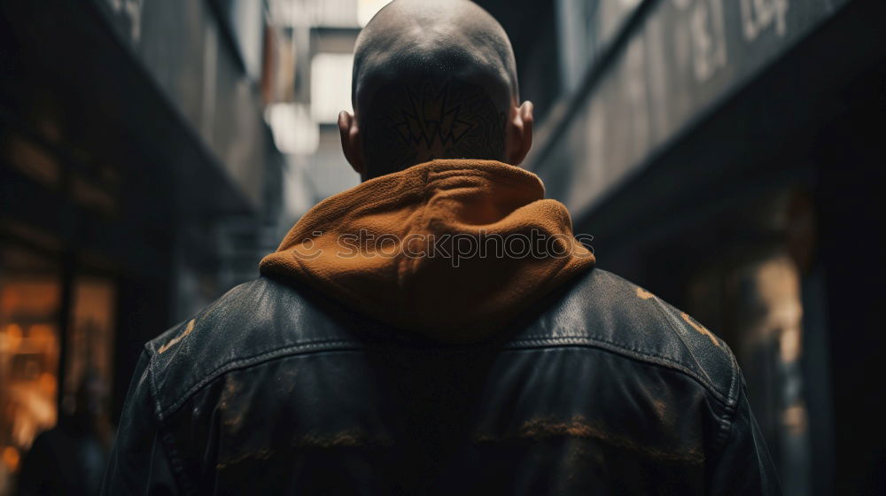 Image, Stock Photo Cool young man wearing leather jacket posing near fire stairs.