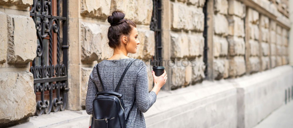 Image, Stock Photo Cheerful traveler posing at street