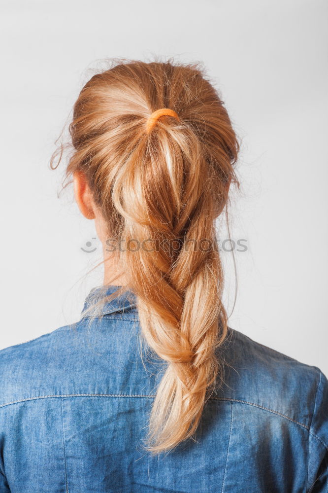 Image, Stock Photo Back of a woman’s head with braid In front of the picture wall with photos