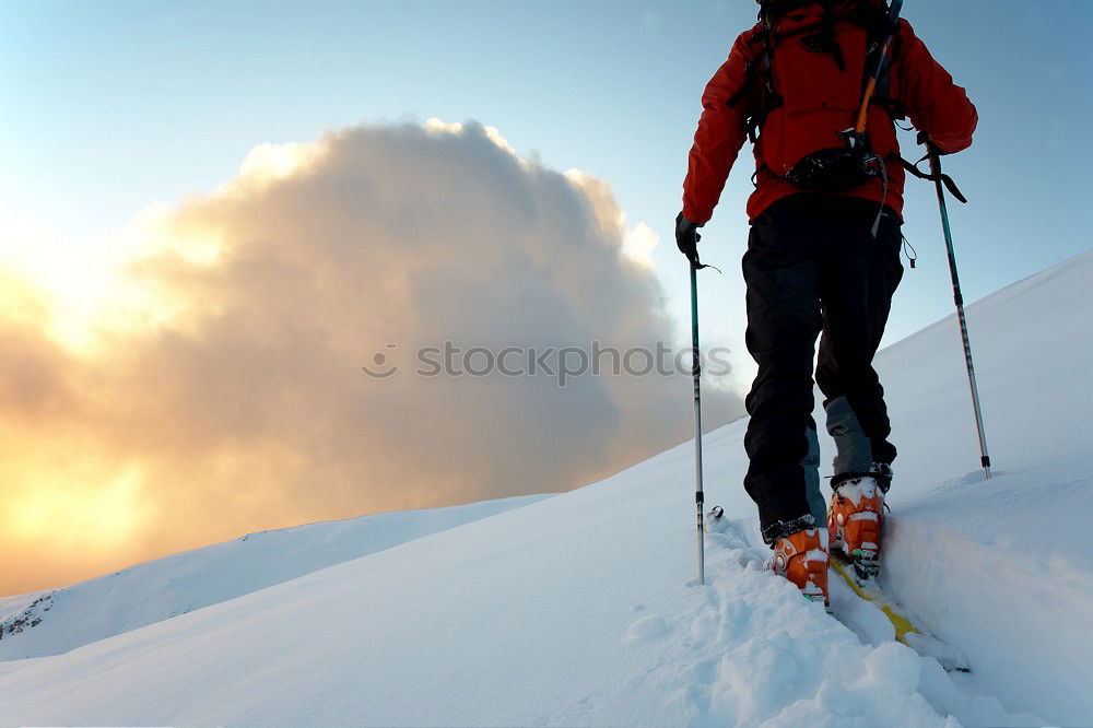 Similar – Image, Stock Photo Skier with rucksack in a snowy landscape, looking backwards