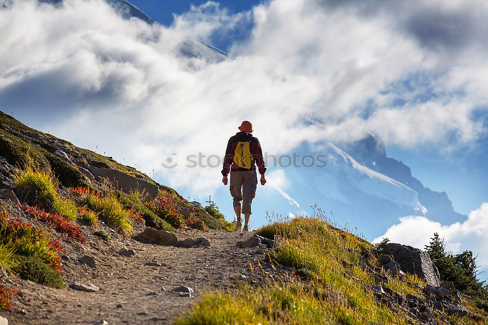 Similar – Woman walks on a mountain path in a sunny day.