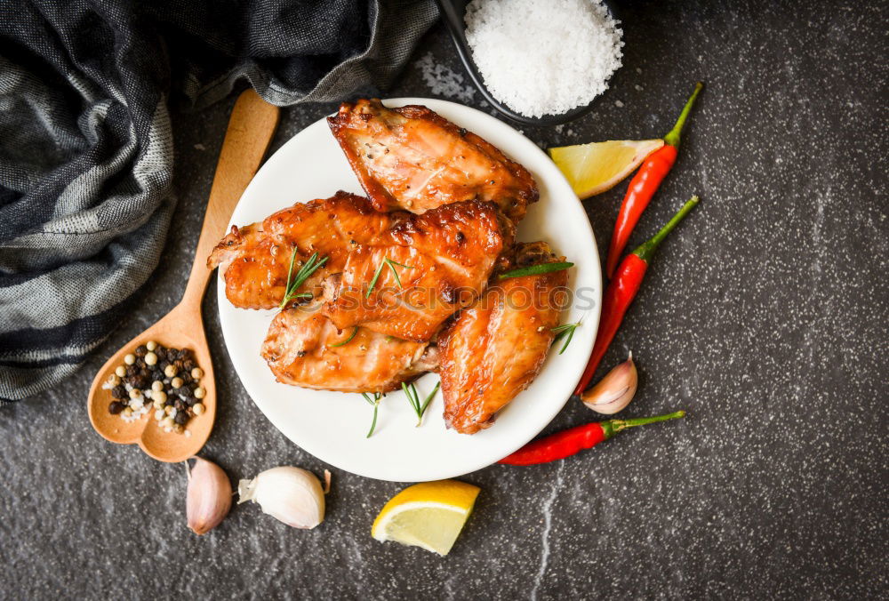 Similar – Image, Stock Photo Fried chicken breast in grill pan with fresh herbs