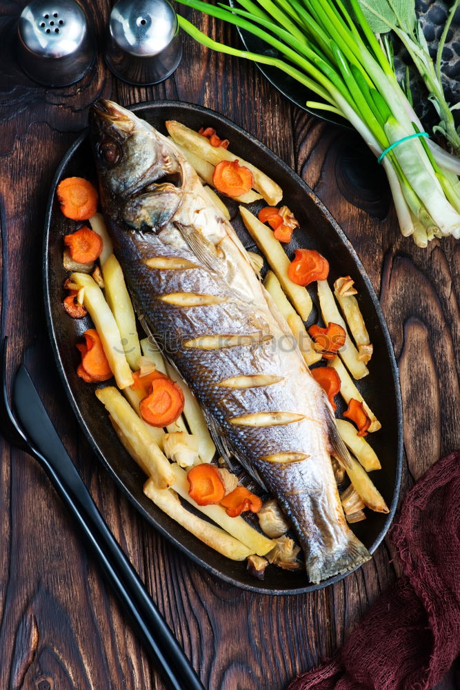 Similar – Image, Stock Photo Roasted salmon and vegetables