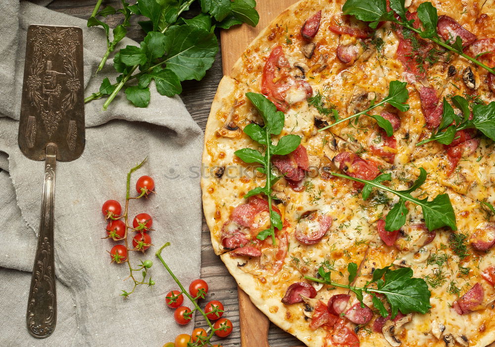 Similar – Image, Stock Photo Flammkuchen with vegetables and green salad