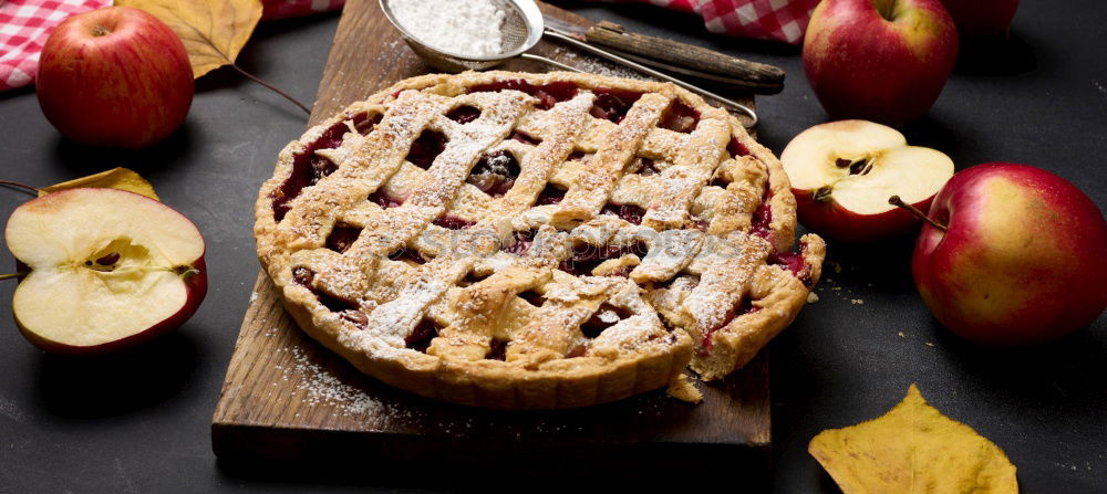 Similar – Image, Stock Photo baked round apple pie and one cut piece on a plate