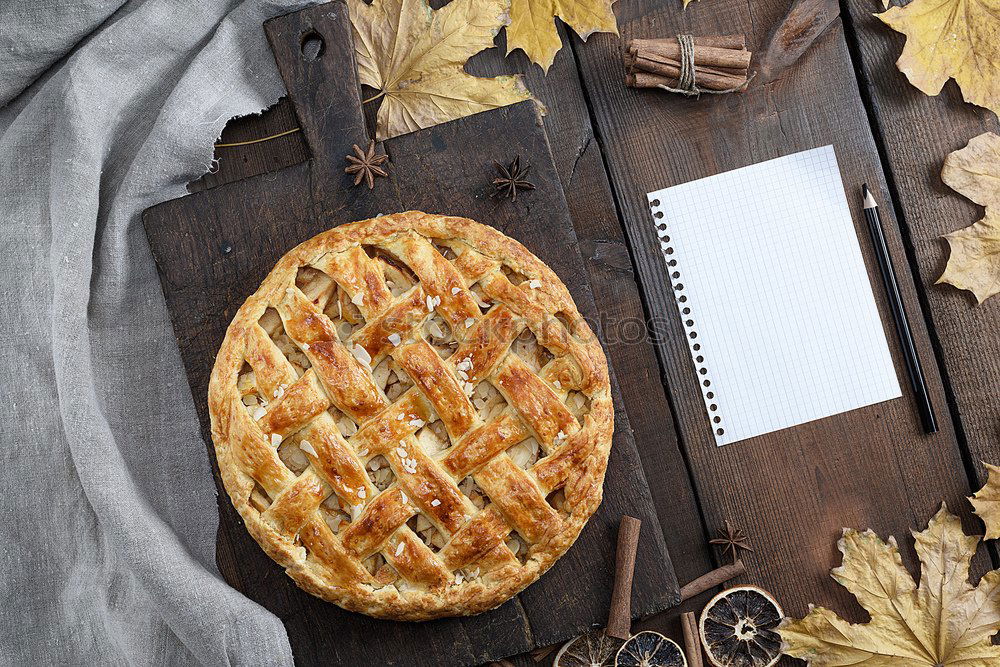 Image, Stock Photo baked round apple pie and one cut piece on a plate