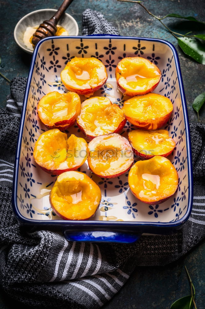 Image, Stock Photo Casserole dish with peaches and honey